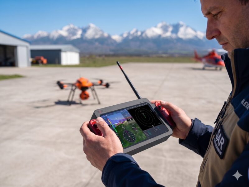 Operator with a hand-held Schochman controller and a quad UAV