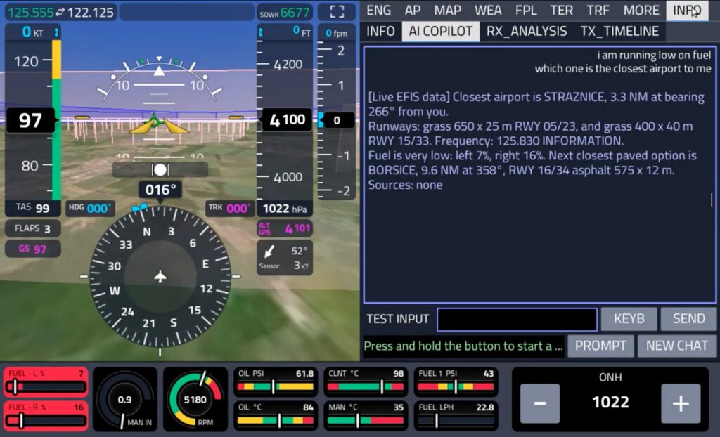 AI glass cockpit display inside a light aircraft cockpit with low fuel issue