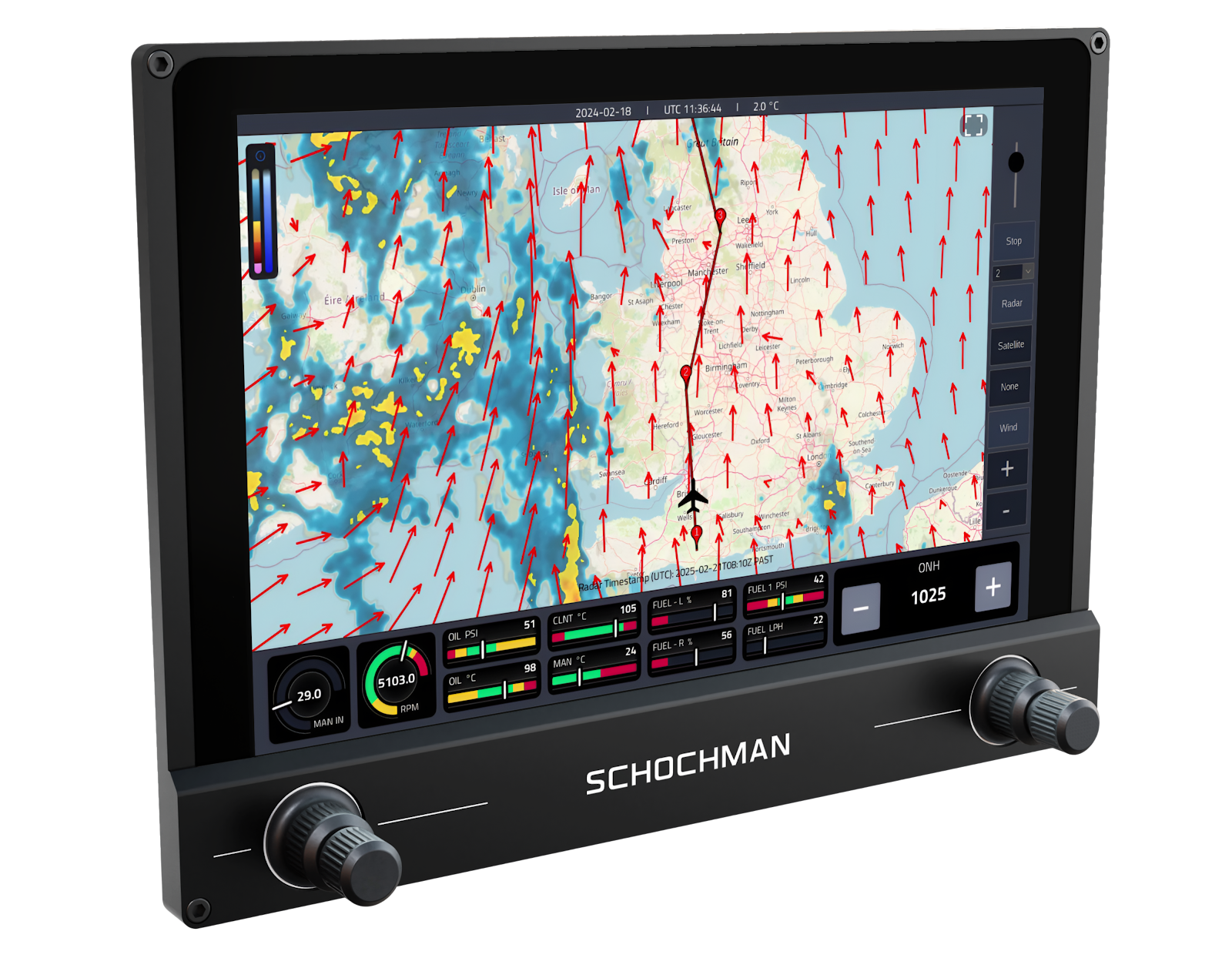 Schochman AI Glass Cockpit display showing real-time weather radar and wind vectors along the route