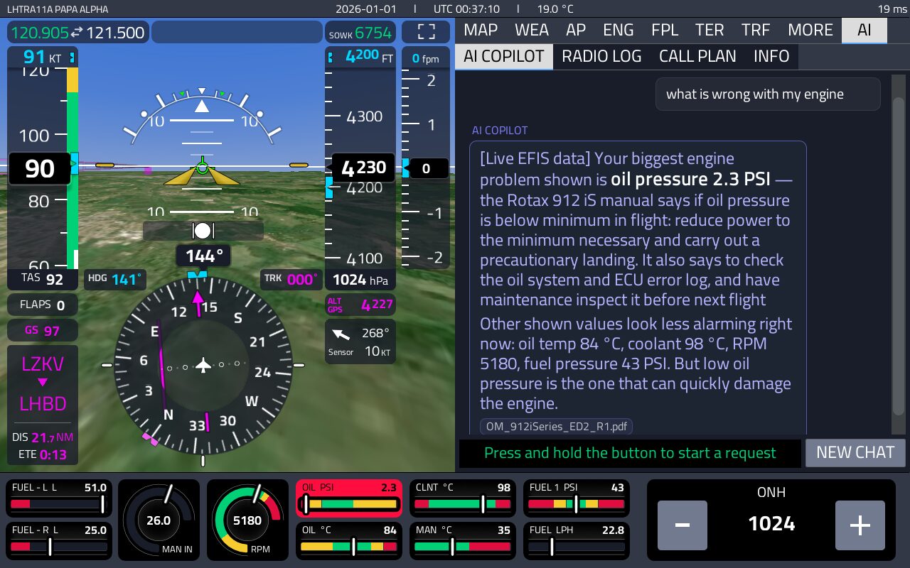 Schochman AI Copilot screen: pilot asks what is wrong with the engine, copilot reads live EFIS data, flags oil pressure 2.3 PSI and quotes the Rotax 912 iS manual