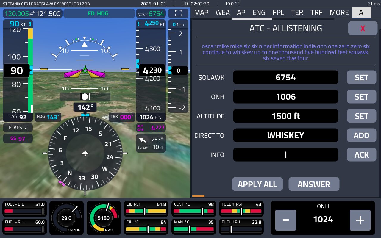 Schochman AI Glass Cockpit screen: ATC AI assistant transcribes the clearance and prepares squawk, QNH, altitude and direct-to for one-touch confirmation