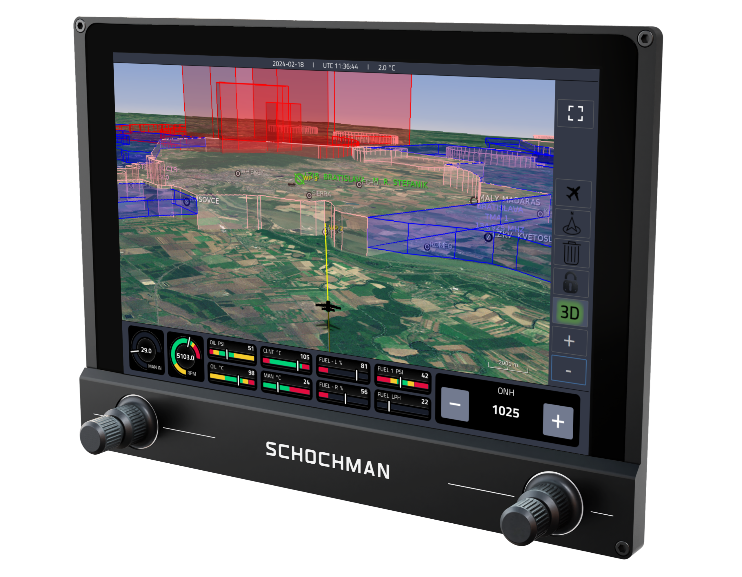 Schochman AI Glass Cockpit display showing the 3D airspace map with controlled airspace volumes and terrain