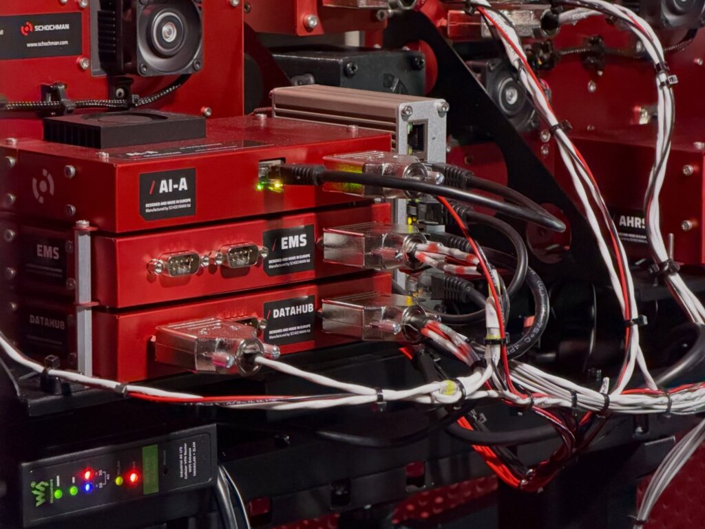 Schochman in-house avionics modules installed behind the panel: AI-A computer, EMS, DATAHUB and AHRS units with wiring